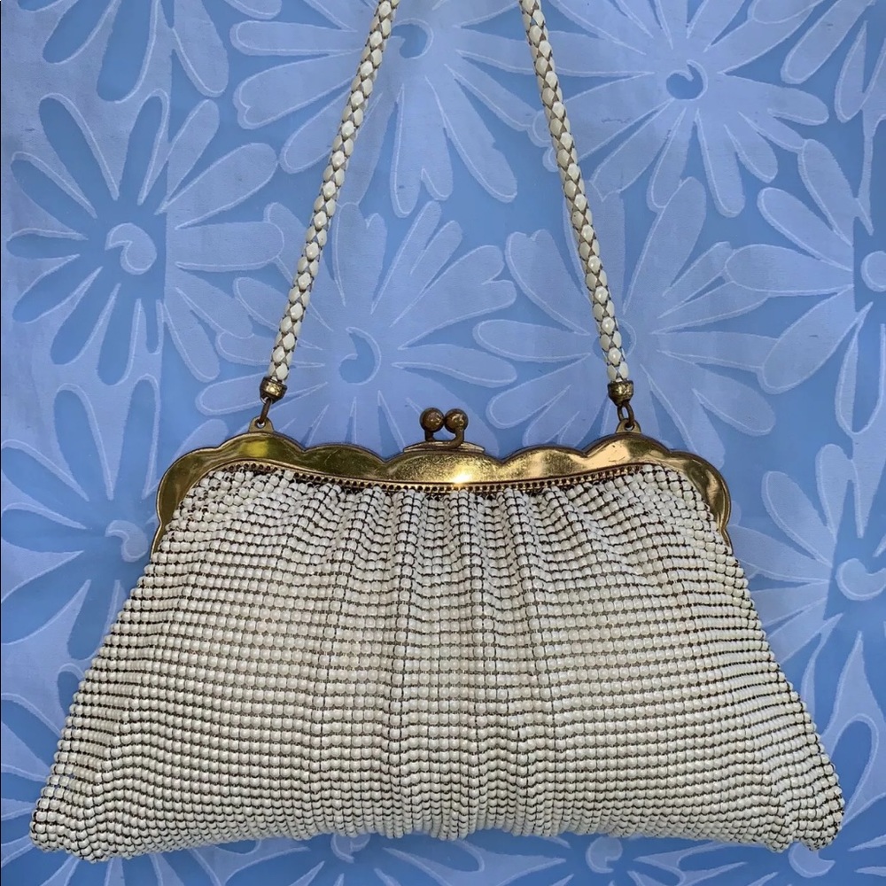 RARE Vtg Whiting & Davis Mesh Purse, Pearl White Enamel